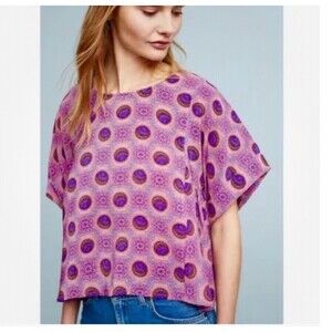 Anthropologie Maeve Milla Printed Floral Boho Short Sleeve Blouse Size M